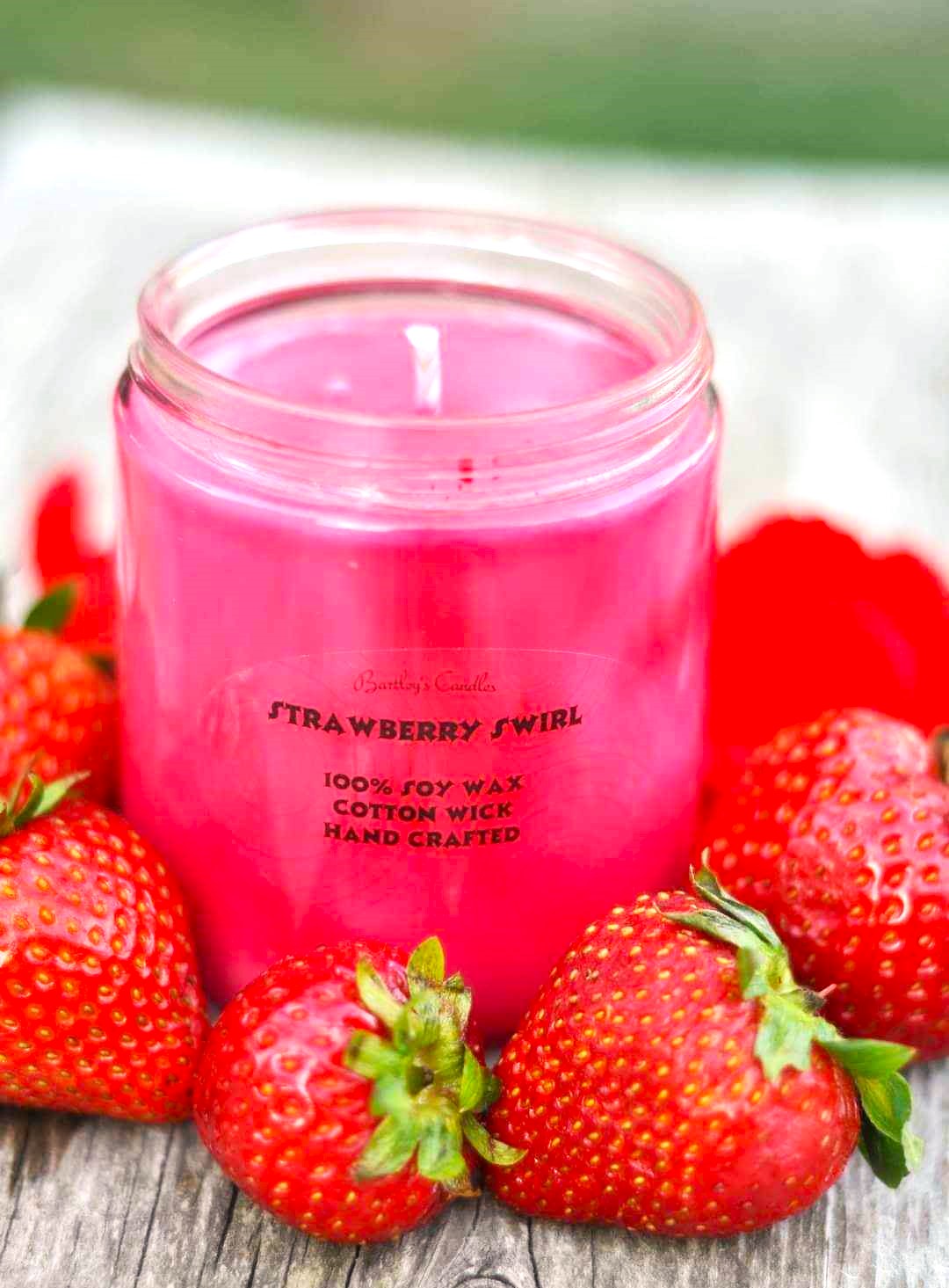 Strawberry Swirl 8oz Scented Candle. Strawberry soy wax candle. Makes a great gift.