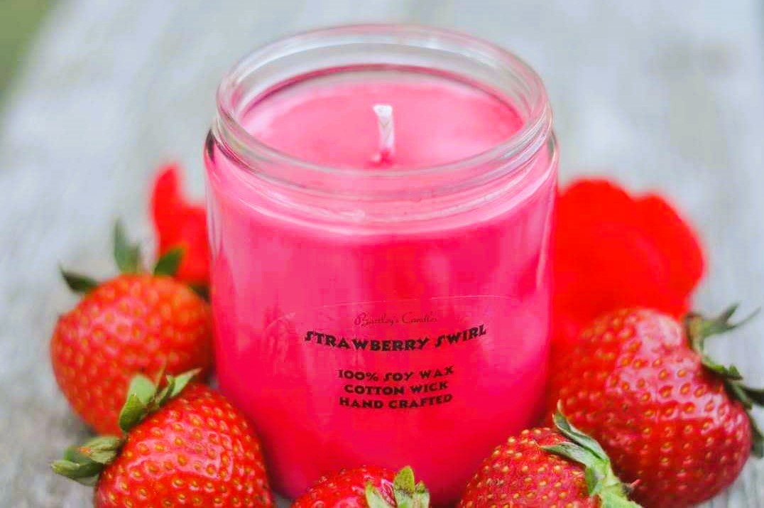 Strawberry Swirl 8oz Scented Candle. Strawberry soy wax candle. Makes a great gift.