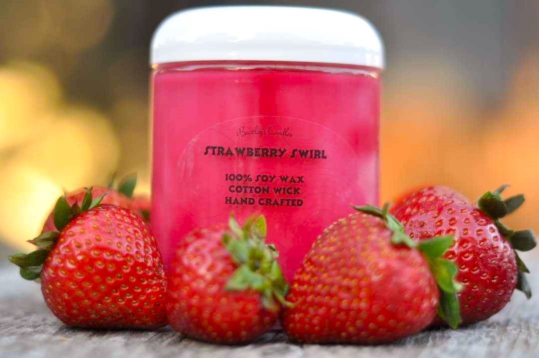 Strawberry Swirl 8oz Scented Candle. Strawberry soy wax candle. Makes a great gift.